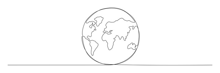 Earth globe continuous line art drawing. World map contour drawn symbol. Vector illustration isolated on white.