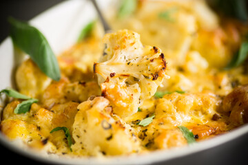 baked cauliflower with vegetables and cheese and scrambled eggs
