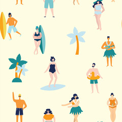 Summer time beach illustration in vector. People swimming, sunbathing and relaxing