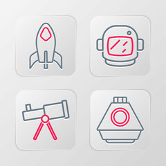 Set line Space capsule, Telescope, Astronaut helmet and Rocket ship icon. Vector