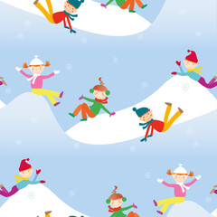 Fototapeta na wymiar Seamless background of cheerful cartoon children playing on ice hill in winter