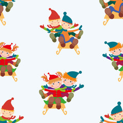 Seamless background of cheerful children riding in sleigh on ice hill