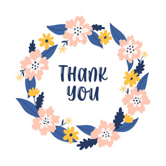 Hand drawn thank you concept with floral element. Can be used for postcards, invitations, greeting cards.