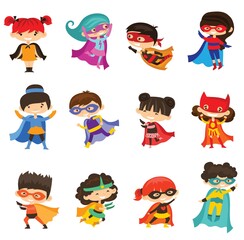 Vector illustrations in flat design of female and male kids superheroes in funny costume