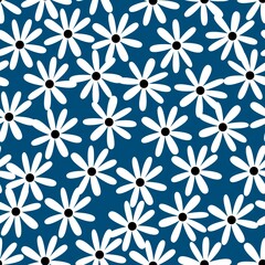 Vector seamless pattern with white flowers on blue background