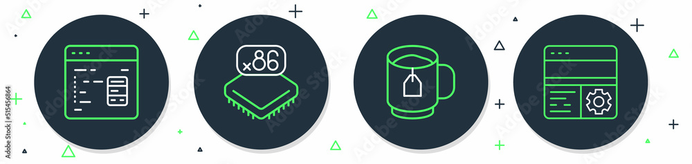 Poster set line processor with microcircuits cpu, cup of tea tea bag, software and debugging icon. vector