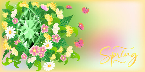 Season spring banner with emerald and flowers, vector illustration