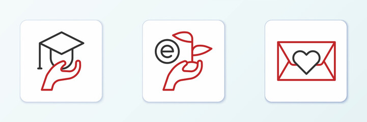 Set line Envelope with heart, Education grant and Leaf in hand icon. Vector