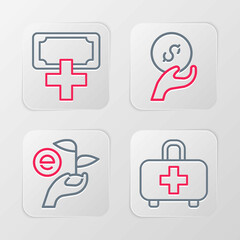 Set line First aid kit, Leaf in hand, Donation charity and icon. Vector
