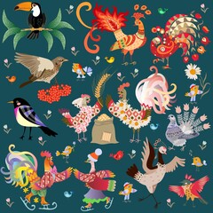 Funny seamless print for kids with a variety of cute cartoon birds on a dark green background in vector.