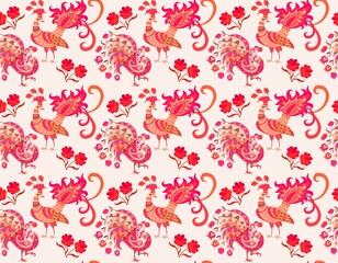 Seamless print for fabric with fabulous peacocks and flowers in red and crimson colors on a white background in vector. Ethnic style. Indian, Damascus, Turkish motifs.