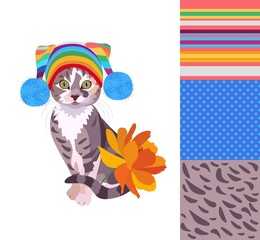 An adorable kitty in a multi-colored knitted hat with blue pom-poms isolated on a white background and three swatches of matching fabrics in vector. Symbols of the Chinese year of the cat, 2023.