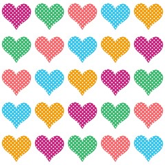 Seamless print with multicolored polka dot hearts isolated on white background in vector.