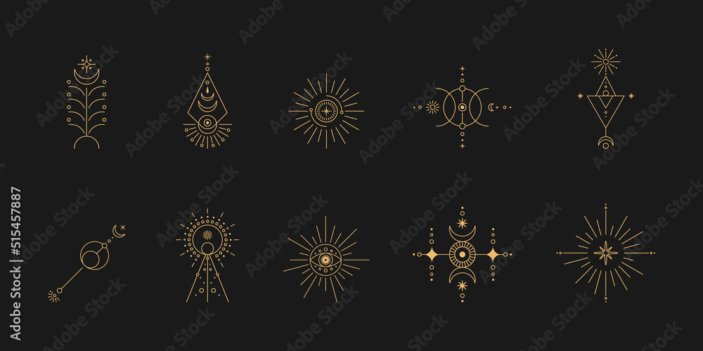 Poster set of moon and sun line art. minimal boho linear symbols. celestial mystic element. vector line art