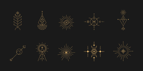 Set of moon and sun line art. Minimal boho linear symbols. Celestial mystic element. Vector line art illustration © 7AM