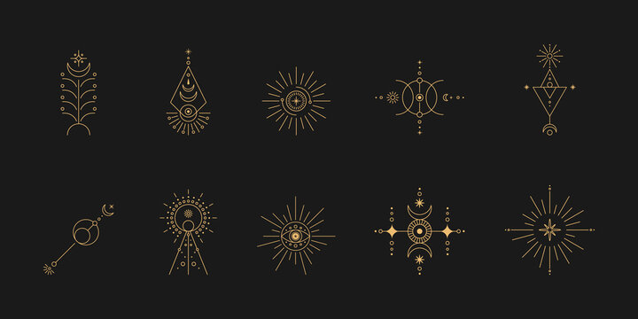 Set of moon and sun line art. Minimal boho linear symbols. Celestial mystic element. Vector line art illustration