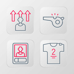 Set line Football jersey and t-shirt, or soccer card, Whistle and player icon. Vector