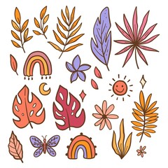 Vector tropical leaves of different shapes. Trendy retro colors. Pink, purple leaves. Hand-painted tropical set, isolated on white background