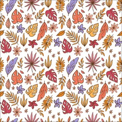 Vector seamless pattern with tropical leaves of different shapes. Trendy retro colors. Pink, purple leaves. Hand-painted print for textile, fabric, background