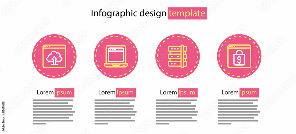 Poster set line server, online shopping on screen, laptop with browser window and cloud upload icon. vector
