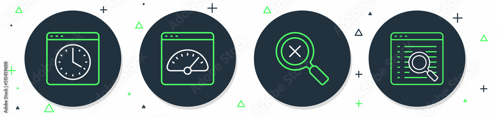 Poster set line digital speed meter, magnifying glass and delete, browser window and search engine icon. ve