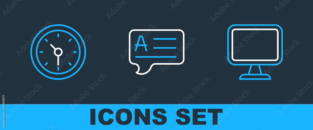 Aufkleber set line computer monitor, clock and speech bubbles with answer icon. vector