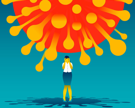Standing desperate woman with a giant covid-19 virus above her. Coronavirus effect on mental health. Psychology and anxiety of coronavirus. Feeling of oppression. Vector illustration