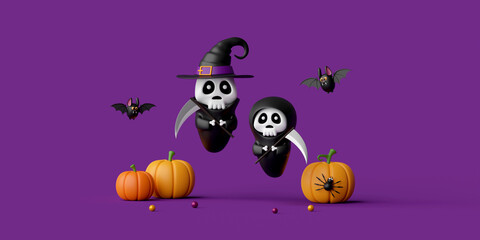 3d illustration of Happy Halloween scary ghost with pumpkins