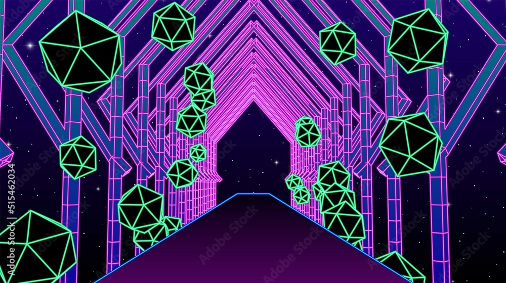 Aufkleber neon corridor with wireframe shapes in 80s synthwave style. abstrace retro arcade game background fo