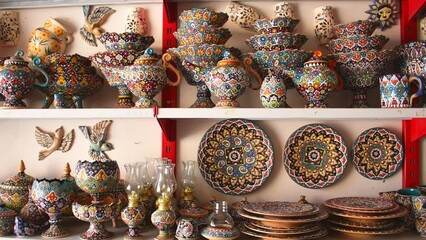 Tahran, Iran - 17th june, 2022 : panning view special decorative iranian plates in on shelves in local shop in street bazaar market in city center