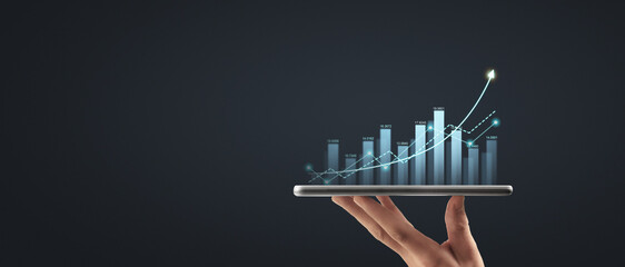 Hand holding smartphone device and touching screen. Stock exchange market concept