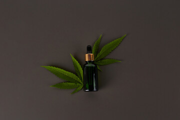 Cannabis essential oil. CBD oil extract in dropper bottle with cannabis green leaf Marijuana. Medical marijuana. Herbal medicine plant. Space for text.