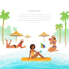 Summer vector vacation concept. Girl floating on a yellow beach mattress. Beautiful women on a tropical beach. Ttravel template with palm trees, beach, women and place for text