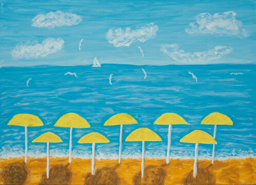 Seascape with yellow umbrellas acrylic painting on canvas