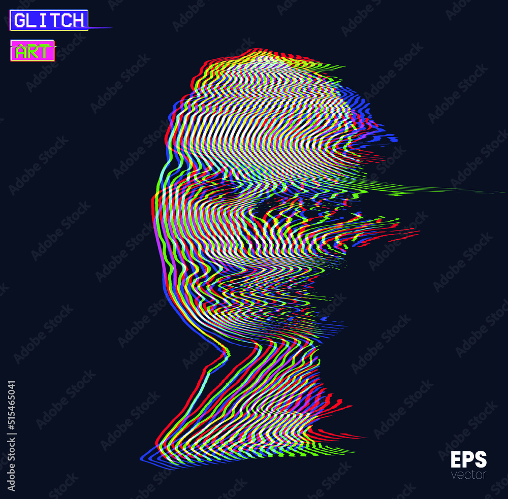 Poster vector glitch art in rgb offset colored oscillator line halftone illustration from 3d rendering of f