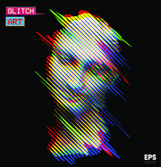 Glitch Art. Vector glitch corrupted RGB color mode offset illustration from 3D rendering of female classical head sculpture in tilted line halftone style isolated on black background. - obrazy, fototapety, plakaty