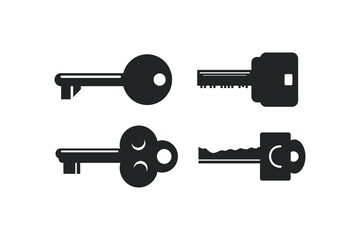 Vector decoration of assorted key shapes on white background. Vector black key shape