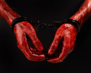 Close-up of male bloody handcuffed hands on a black background.