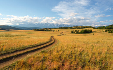 Beautiful golden mountain landscape with long dirt road through sunlit steppe to large mountains in white clouds on blue sky. Length road in big mountains.