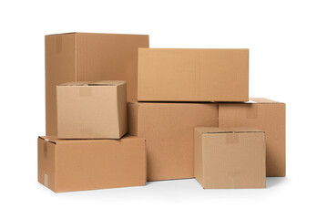 Many closed cardboard boxes on white background. Delivery service