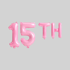 3d illustration of 15th pink balloons isolated on background