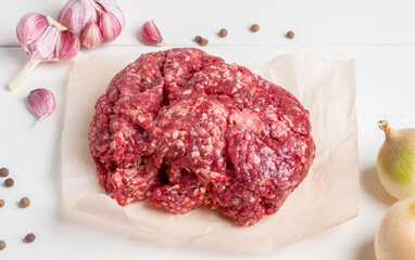 Unprocessed minced meat with ingredients.