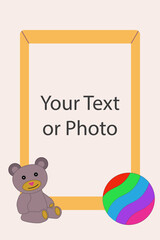 Children's photo frame with a toy bear and a ball.