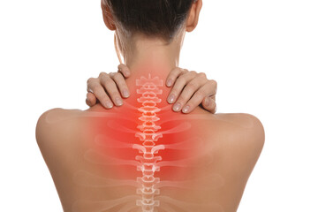 Woman suffering from pain in neck on white background, closeup