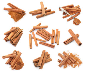 Set with aromatic cinnamon sticks and powder on white background