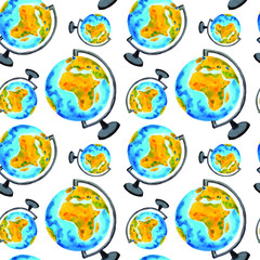 Globe sphere watercolor seamless pattern. School geography teacher background.