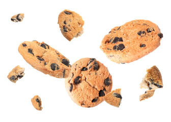 Delicious chocolate chip cookies falling on white background