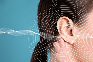 Hearing loss concept. Woman and sound waves illustration on light blue background, closeup - obrazy, fototapety, plakaty