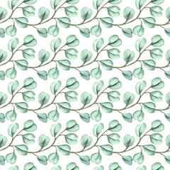 Eucalyptus watercolor seamless pattern background for fabric, wallpaper, wrapping paper.