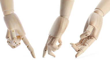 Set with wooden hands of mannequins on white background